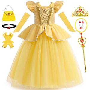 lot 14421 image: Luzlen Belle Costume for Girls Yellow Princess Dress up Halloween Birthday Party Cosplay Outfits with Accessories Yellow, 5-6Y(Tag 130)