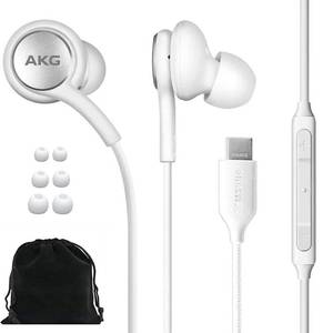 lot 14425 image: SAMSUNG AKG Earbuds Original USB Type C in-Ear Earbud Headphones with Remote & Mic for Galaxy S23 Ultra, A53 5G, S22, S21 FE, S20, Note 10, 10, S10 Plus - Braided - Includes Velvet Pouch - White