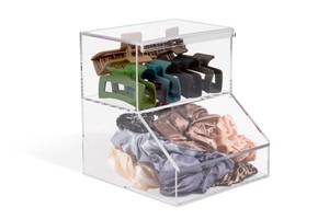 lot 14435 image: Inevibe Hair Tie Holder & Hair Bows Organizer - 2 Compartment Acrylic Container wLids for Storing Bracelets, Headbands, Claw Clips & Accessories, Countertop Display