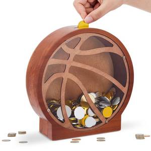 lot 14456 image: Foilswirl Wooden Basketball Piggy Bank for Kids Clear Piggy Bank with Transparent Window Cute Coin Box for Boy Girl Unbreakable Toddler Money Box for Child Birthday Sport Party Gift
