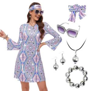 lot 17491 image: MRYUWB 70s Women Disco Dress Hippie Costumes Necklace Earrings Glasses, 60s 70s Birthday Outfits, 1970s Clothing Prom Dresses (Sparkle MultiColor, 3X-Large)
