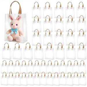 lot 17493 image: ADLABLD 50 Pcs Clear Plastic Gift Bags with Cowhide Handles, Transparent Reusable Tote Bags, Party Favor Bag Mothers Day, Boutique, Wedding, Birthday, Baby Shower Party (9 x 7.1 x 3 Inch)