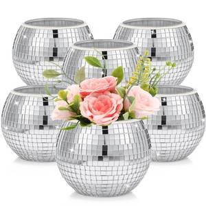 lot 17509 image: 6 Pieces Disco Ball Flower Vase Mirror Disco Ball Glass Vase Planter Candle Holder Glass Vase Bulk for Wedding Centerpieces Bedroom Kitchen Office Decoration Birthday(Silver, 3 x 4 Inch)