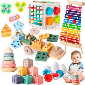 lot 17513 image: 7��in��1 Montessori Baby Toys for 6��12��Months & 1 Years, Infant Sensory Teething & Stacking Blocks  Wooden Shape Sorter, Xylophone Musical Toy, Birthday Gift for Toddlers 1��3