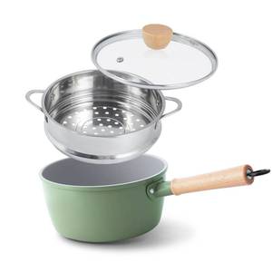 lot 17531 image: ROCKURWOK Ceramic Nonstick Sauce Pan, 3 QT Pot with Steamer, Non Toxic & PFAS-Free, Wooden Handle for Cool Touch, Universal Base(Gas, Electric & Induction), Green