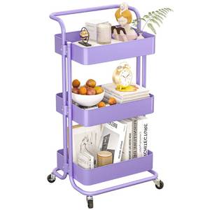 lot 17535 image: Mzzelry Metal Rolling Storage Cart, 3-Tier Utility Cart with Wheels, Multifunctional Organizer Storage for Kitchen, Bedroom, Office, Laundry Room, Dorm Room Essentials (Purple)