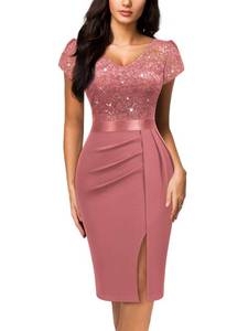 lot 18004 image: Miusol Womens Classy V-Neck Glitter Sequin Lace Cap Sleeve Cocktail Party Dress (XX-Large, Cinnamon Pink)