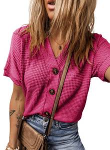 lot 18011 image: Dokotoo Women Casual V Neck Hot Pink Shirts Short Sleeve Blouses Lightweight Solid Basic Cropped Cardigan Waffle Knit Shacket Jacket Loose Fit Tunic Tops Large
