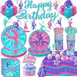 lot 18013 image: Yingoto 186 Pcs Gymnastics Birthday Party Decorations, Serves 20 Guests, with Banner, Backdrop, Cake Topper, Plates and Napkins, for Gymnastics Party