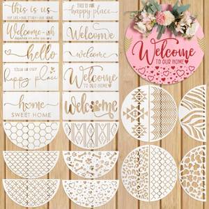 lot 18028 image: 4 Pcs Welcome Stencils for Painting on Wood Doormat, 11.81 Labor Day Large Welcome Letters Stencils, Half Round for Door Mats Furniture Sign Canvas DIY
