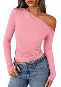 lot 18228 image: PRETTYGARDEN Womens Off Shoulder Long Sleeve Shirts 2026 Fall Ruched Fitted Asymmetrical Going Out Tops Trendy Y2K Clothes (Pink,Medium)