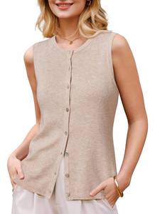 lot 18237 image: Arach&Cloz Womens Vest Tops 2026 Summer Sleeveless Sweater Knit Tank Tops Spring Wool Blend Crew Neck Button Down Trendy Business Casual Outfits Apricot XXL