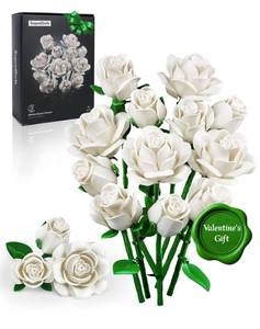 lot 18248 image: iATOM White Rose Bouquet Building Set, 12Pcs Wedding Flower Botanical Collection for Adult, Valentines Day Gift for HerGirlfriendMomWifeCouple, Boho Modern Home Office Table Centerpiece Decor