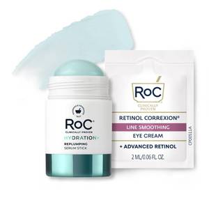 lot 18260 image: RoC Hydration Replumping Serum Stick, Fragrance-Free, Hydrating And Cooling Hyaluronic & Peptide Formula To Boost Elasticity And Visibly Smooth Aging Skin, With Line Smooth Eye Cream Packette, 0.7oz