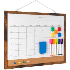 lot 18262 image: Dry Erase Calendar Whiteboard, 17 x 13 Magnetic Whiteboard Cork Board Combo, Reusable Monthly Planner with 8 Markers, Eraser, Magnets and Pushpins, Hanging Dry Erase Board for Home, School - Brown