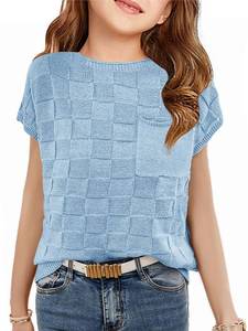 lot 18265 image: Haloumoning Girls Tops Summer Cute Vest Kids Cap Sleeve Crewneck Tanks Knit Loose Tops with Pocket 5-14 Years, Blue, 9-10 Years