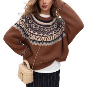 lot 18268 image: chouyatou Womens Warm Tribal Aztec Floral Sweater Top Crewneck Loose Fit Fair Isle Boho Knit Sweaters (Medium,Brown)