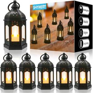 lot 18281 image: SHYMERY Mini Lantern with Flickering LED Candles,Vintage Black Decorative Hanging Candle Lanterns for Halloween,Wedding Decorations,Christmas,Table Centerpiece,Battery Included��Set of 6��