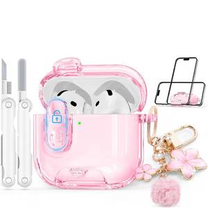 lot 18287 image: Clear Case for AirPods 4 Case Cover with Safety Lock,Soft TPU Cover with Phone Stand & Cleaning Kit,Cute Bling Keychain for Women Girls-Clear Pink