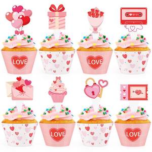 lot 18299 image: Hooqict 48Pcs Valentines Day Cupcake Toppers and Wrappers Pink Red Heart Sweet Love Valentines Cupcake Topper Decorations for Happy Valentines Galentines Day Anniversary Birthday Party Decorations