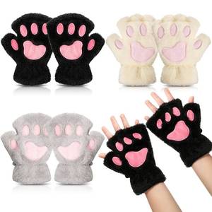 lot 18307 image: Geyoga 3 Pairs Cat Paw Gloves Therian Theme Furry Kawaii Plush Fingerless Paws Cosplay Gloves Girls Women Gift Costume Favor(Black, White, Gray)