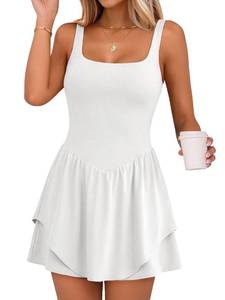 lot 18319 image: Caracilia Women Tennis Dress Square Neck 2 Layers Hem Built in Shorts and Bra Workout Athletic Golf Dresses with Pocket White Medium