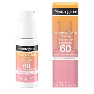 lot 18329 image: Neutrogena Invisible Daily Defense Broad Spectrum SPF 60, Antioxidants for Skin Glow, Hydrating Face Sunscreen Serum, Water Resistant (80 minutes), Oil-Free, Fragrance Free, Non Comedogenic, 1.7 Fl Oz