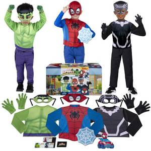 lot 19821 image: MARVEL Spidey Friends Child Halloween Costume Dress-Up Box - Tops, Gloves, and Plastic Masks of Spidey, Hulk and Black Panther (3T-4T)