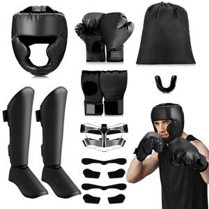 lot 19838 image: Motionchic 7 Pack Boxing Training Equipment Set, Includes Boxing Headgear Gloves Hand Wraps Mouth Guards Shin Guards Nose Guard and Storage Bags, Sparring Protective Gear for Adults Beginners