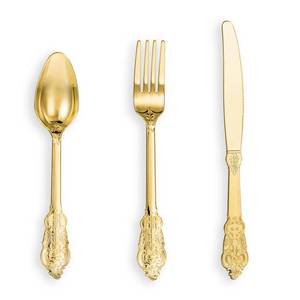 lot 19881 image: N9R 120PCS Gold Plastic Silverware, Disposable Silverware Include 40 Forks, 40 Spoons, 40 Knives, Gold Cutlery Set Disposable for Party, Wedding and Daily Use (NOT ALL PIECES INCLUDED)