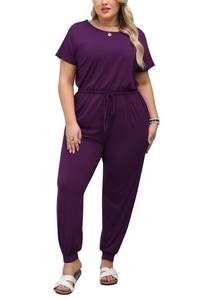 lot 20257 image: Nemidor Plus Size Casual Jumpsuits for Curvy Women Summer Short Sleeve Drawstring Waist Long Pant Romper with Pocket 16-26(254,26,DarkPurple)
