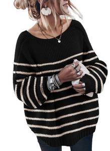 lot 20292 image: GUNEST Oversized Sweaters for Women Trendy Batwing Long Sleeve Chunky Crew Neck Cozy Knit Pullover Sweater Stripes Black L