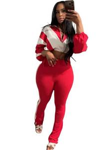 lot 20295 image: Uni Clau Womens Sweatsuits 2 Piece Set Contrast Color Long Sleeve Zip Up Cropped Jacket Leggings Pants Jogger Track Suits Red, MEDIUM