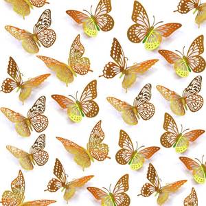 lot 20299 image: SAOROPEB 3D Butterfly Wall Decor - 48 Pcs, 4 Styles, 3 Sizes - Removable Gold Decorations for Birthday & Party Celebrations