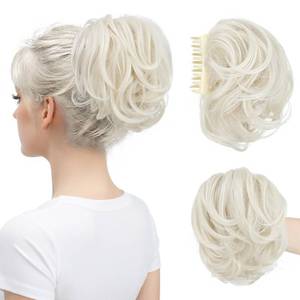 lot 20304 image: youngways Claw Clip Short Ponytail Messy Bun Hair Piece Bendable Hair Branch Extensions Fluffy Wavy Curly Synthetic Versatile Platin Blonde Hairpieces