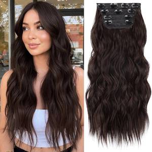 lot 20305 image: KooKaStyle Clip in Synthetic Hair Extensions Long Wavy 4PCS Thick Hairpieces Chocolate Brown 33Y# Fiber Double Weft Natural Hair Extensions 20 Inch for Women