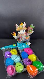 lot 350 image: Solid Resin Easter Bunny Figurine (Approximately 10 Inches Tall) & A Dozen NIP Jumbo Hide An Eggs