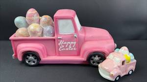 lot 354 image: Easter Decor Resin Delivery Truck approximately 11 inches) and Ceramic Easter Delivery Truck (approximately 3 inches)