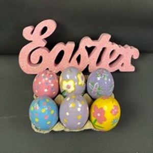 lot 357 image: Candle Eggs in Carton and Wood Easter Sign
