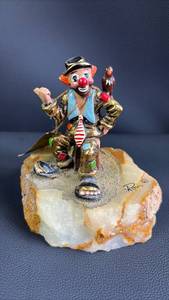 lot 11 image: 24K Gilded A Creative Concept by Ronald A. Lee, Clown Figurine with Crow on Natural Stone Base