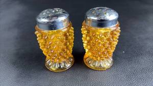lot 13 image: Amber Glass Hobnail Salt and Pepper Shakers