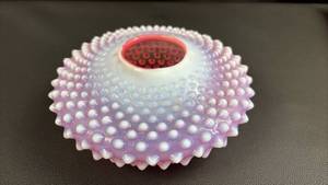 lot 19 image: Vintage Fenton Cranberry Glass Hobnail Squat Vase Approximately 7 Inch Diameter