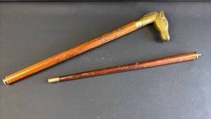 lot 371 image: Traditional Wooden Walking Cane with Decorative Brass Handle and Tip