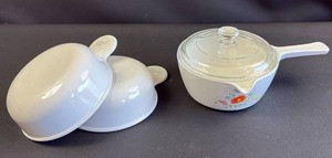 lot 373 image: Corning Ware Saucepan with Pyrex Lid In Great Shape with (2) Grab It Vintage Corning Soup Bowls