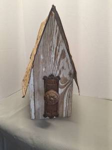 lot 94 image: Rustic Weathered Wood Decorative Birdhouse with Metal Hardware