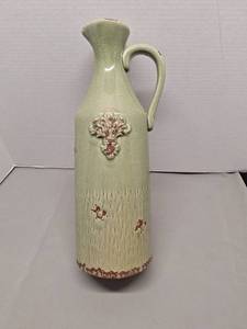 lot 396 image: Green Crackle Glaze Ceramic Pitcher with Decorative Motifs - 14.5 Inch Tall