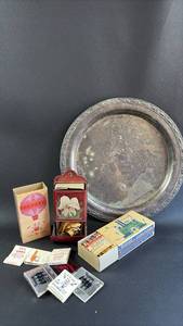 lot 462 image: Silver Plated Serving Tray with Matchbook Collection and Tole Painted Match Dispenser