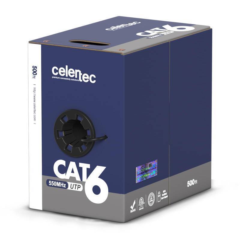 lot 22461 image: celertec Cat6 Plenum Cable, 500ft, UTP(Unshielded Twisted Pair), 23AWG Solid Bare Copper, 550MHz, UL Listed &CMP Rated, Bulk Ethernet Cable-Black - Retail $170