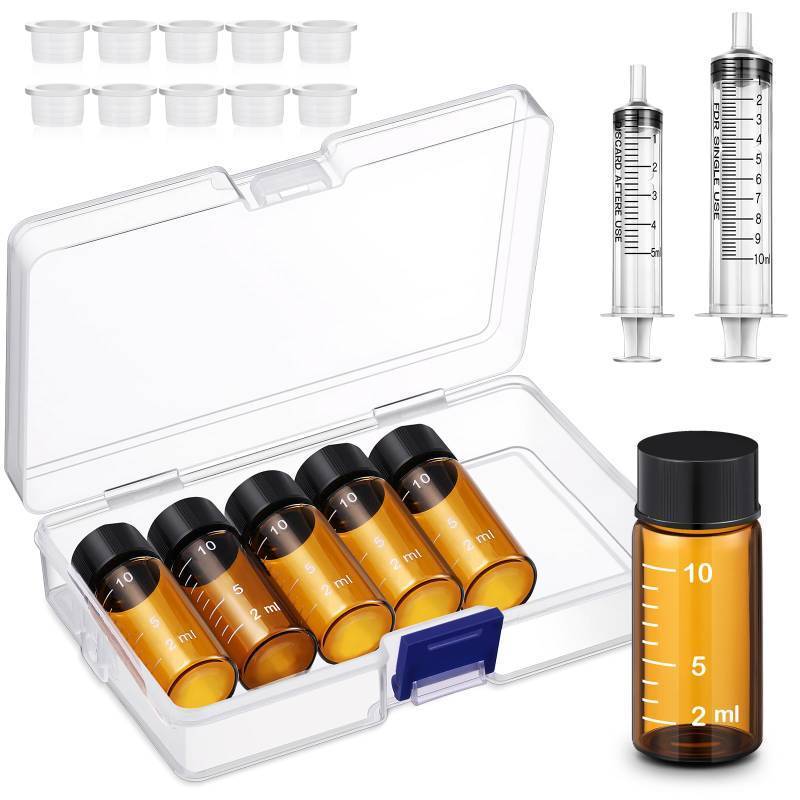 lot 33217 image: Baderke 6 Pcs Liquid Medicine Travel Container Scale Glass Bottles, Single Dose Medicine Bottles Dispenser with Leak-proof Plug and 5ml&10ml Plastic Syringe Travel Essentials Accessories (Brown,10 ml) missing 2 lids  - Retail $12