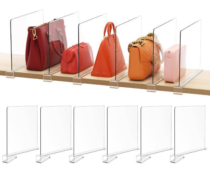 lot 44610 image: HBlife 12 Inches Tall Extra Tall Version Clear Shelf Dividers,   Purse Organizer for Closet Perfect for Sweater, Shirts, Handbags, Acrylic Adjustable Bookshelf for Organization - Retail $30